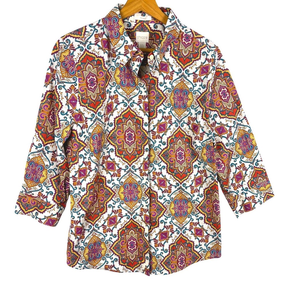 Chicos No Iron Back Button Button Down Shirt Sz 10 S/M Paisley Medallion Office